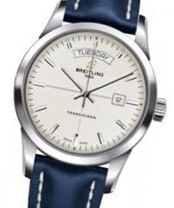Transocean Day-Date Series and Automatic in Steel On Blue Leather Strap with Mercury Silver Dial