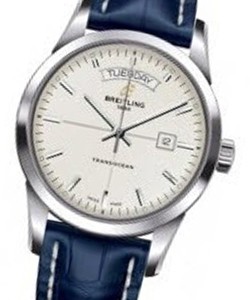 Transocean Day-Date Series and Automatic in Steel On Blue Crocodile Strap with Mercury Silver Dial