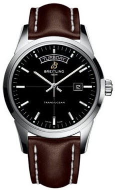 Transocean Day-Date Series Men's Automatic in Steel On Brown Leather Strap with Black Dial