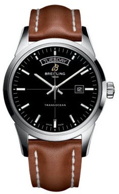 Transocean Day-Date Series Men's Automatic in Steel On Gold Leather Strap with Black Dial