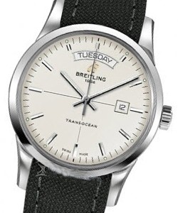 Transocean Day-Date Series Men's Automatic in Steel On Burgundy Crocodile Strap with Mercury Silver Dial