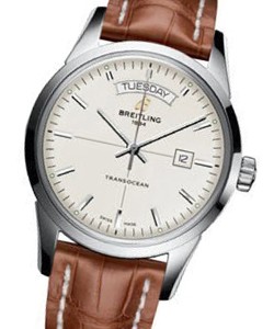Transocean Day-Date Automatic in Steel On Gold Crocodile Strap with Mercury Silver Dial