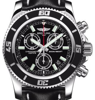 Superocean Chronograph M2000 in Steel with Black Bezel On Black Calfskin Leather Strap with Black Dial