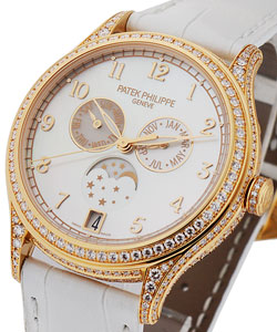Ladies Annual Calendar Moon Phase 38mm Automatic in Rose Gold with Diamonds Bezel on White Alligator Leather Strap with MOP Arabic Dial