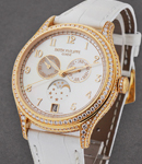 Ladies Annual Calendar Moon Phase 38mm Automatic in Rose Gold with Diamonds Bezel on White Alligator Leather Strap with MOP Arabic Dial