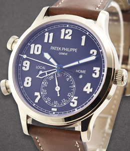 Calatrava Pilots Travel Time 5524G in White Gold on Brown Calfskin Leather Strap with Blue Arabic Dial