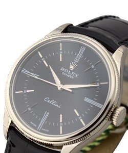 Cellini Time 39mm in White Gold on Black Alligator Leather Strap with Black Roman and Stick Dial