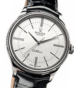 Cellini Time in White Gold with Domed and Fluted Double Bezel on Strap with White Roman and Stick Dial