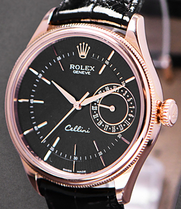 Cellini Date in Rose Gold on Strap with Black Guilloche Dial
