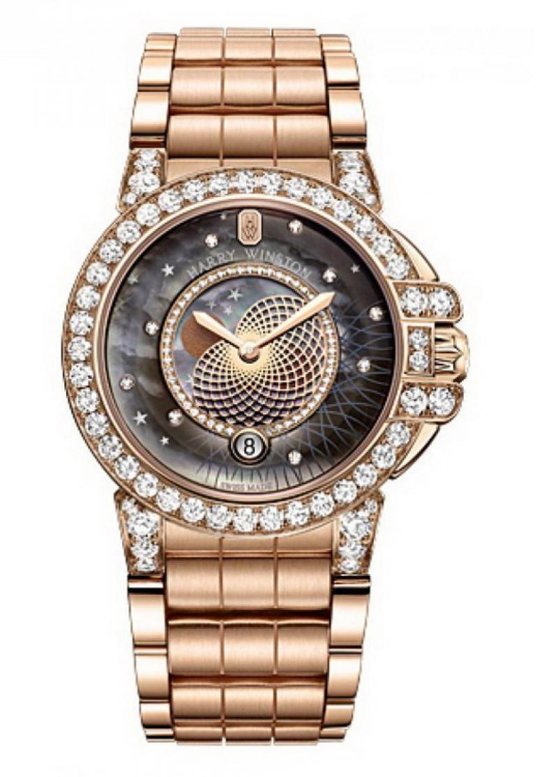 Ocean Moon Phase Ladies 36mm Quartz in Rose Gold with Diamond Bezel On Rose Gold Bracelet with Black Mother of Pearl Diamond Dial