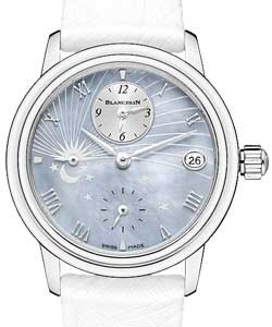Leman Moonphase & Calendar 34mm Automatic in Steel White Ostritch Leather Strap with Blue Mother of Pearl Diamond Dial