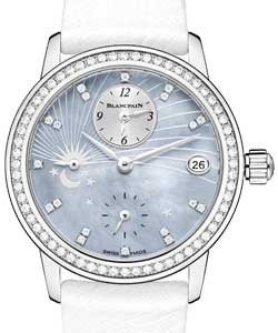 Leman Moonphase & Calendar 34mm Automatic in White Gold - Diamonds White Ostritch Leather Strap with Blue Mother of Pearl Diamond Dial