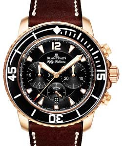 Fifty Fathoms Flyback Chronograph 45mm Automatic in Rose Gold with Black Bezel On Brown Leather Strap with Black Dial