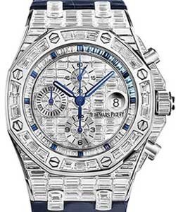 Royal Oak Offshore Chronograph Mens 42mm Automatic in White Gold On Blue Crocodile Strap with Pave Diamond Dial - Sapphire Markers