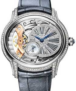 Millenary Ladies 39.5mm Manual in White Gold with Diamond Bezel On Blue Alligator Strap with Pave Diamond Roman Dial