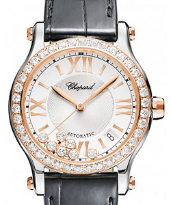 Happy Sport Ladies Round 36mm Automatic in 2-Tone Black Crocodile Leather with Silver Guilloche Dial with Floating Diamonds