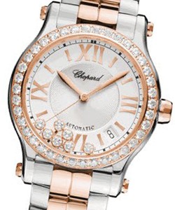 Happy Sport Round Automatic in Steel with Rose Gold Diamond Bezel on 2-Tone Bracelet with Silver Guilloche Dial - Floatings Diamonds