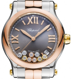 Happy Sport Round 36mm in Steel and Rose Gold Bezel on Steel and Rose Gold Bracelet with Grey Guilloche Dial - Diamonds