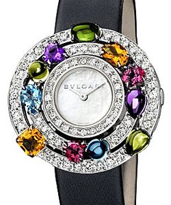 Astrale Quartz Ladies 36mm in White Gold with Gemstones and Diamonds On Black Satin Strap with Mother of Pearl Dial