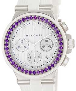 Diagono Ladies 40mm Automatic in Steel with Amethyst Bezel On White Rubber Strap with White Diamond Dial