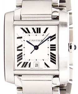 Tank Francaise Large in Steel On Steel Bracelet with Silver Roman Dial