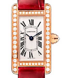 Tank Americaine Ladies Quartz in Rose Gold with Diamond Bezel On Shiny Red Crocodile Strap with Silver Flinque Diamond Dial