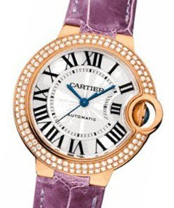 Ballon Bleu Ladies 33mm Automatic in Rose Gold On Purple Crocodile Strap with Silver Flinque Diamond Dial