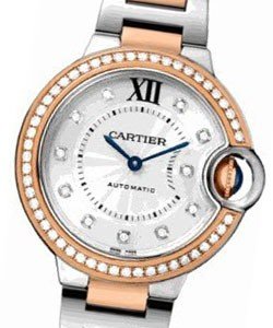 Ballon Bleu Ladies 33mm Automatic in 2-Tone Diamond Bezel On Steel and Rose Gold Bracelet with Silver Guilloche Diamond Dial