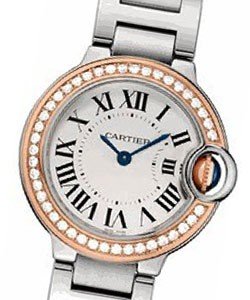 Ballon Bleu Ladies 33mm Automatic in Steel - Rose Gold Diamond Bezel On Steel Bracelet with Silver Flinque Roman Dial