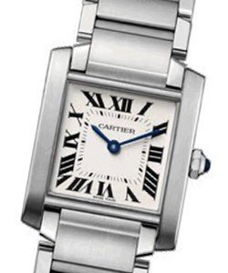 Tank Francaise Large in Steel On Steel Bracelet with Silver Roman Dial