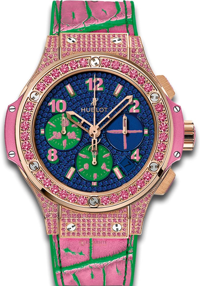 Big Bang Pop Art 41mm Automatic in Rose Gold with Pink Sapphires Diamond Bezel on Green Rubber and Pink Leather Strap with Blue Diamond Dial