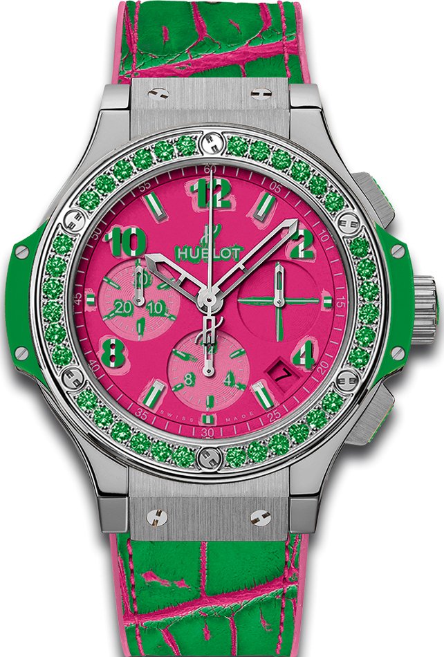 Bigbang Pop-art 41mm Automatic in Steel with Green Gem Stones Diamond Bezel On Green Alligator Strap with Pink Dial