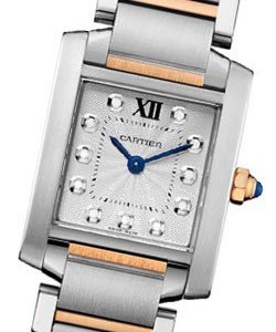 Tank Francaise Mens Quartz in 2-Tone On Steel and Rose Gold Bracelet with Silver Flinque Diamond Dial