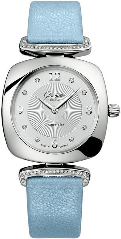 Pavonina Ladies 31mm Quartz in Steel with Diamonds Bezel on Light Blue Calskin Strap with Silver Diamond Dial