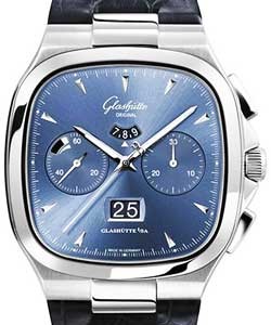 Senator Seventies Original Panorama Date Chronograph 40mm in Steel on Black Alligator Leather Strap with Blue Dial