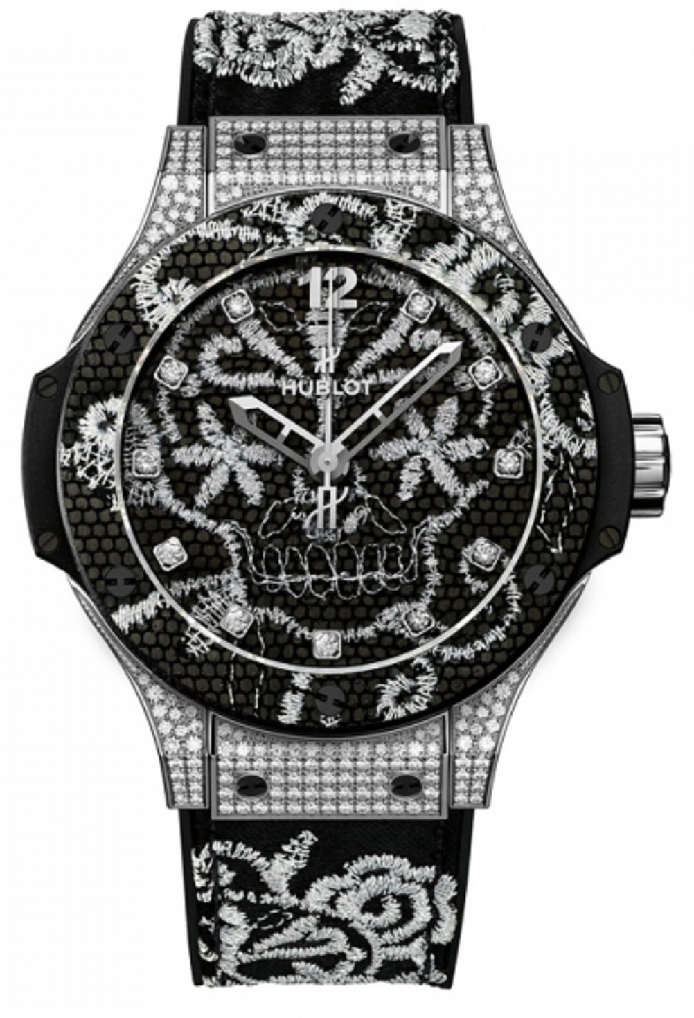 Big Bang Broderie 41mm Automatic in Steel with Diamond Bezel On Black Embroidery Rubber Strap with Black Diamond Dial