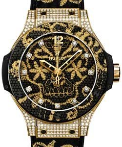 Big Bang Broderie 41mm Automatic in Yellow Gold with Diamond Bezel On Black Embroidery Rubber Strap with Black Diamond Dial