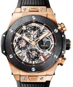Big Bang Chrono Perpetual Calendar in Rose Gold with Ceramic Bezel On Black Rubber Strap with Grey Skeleton Dial