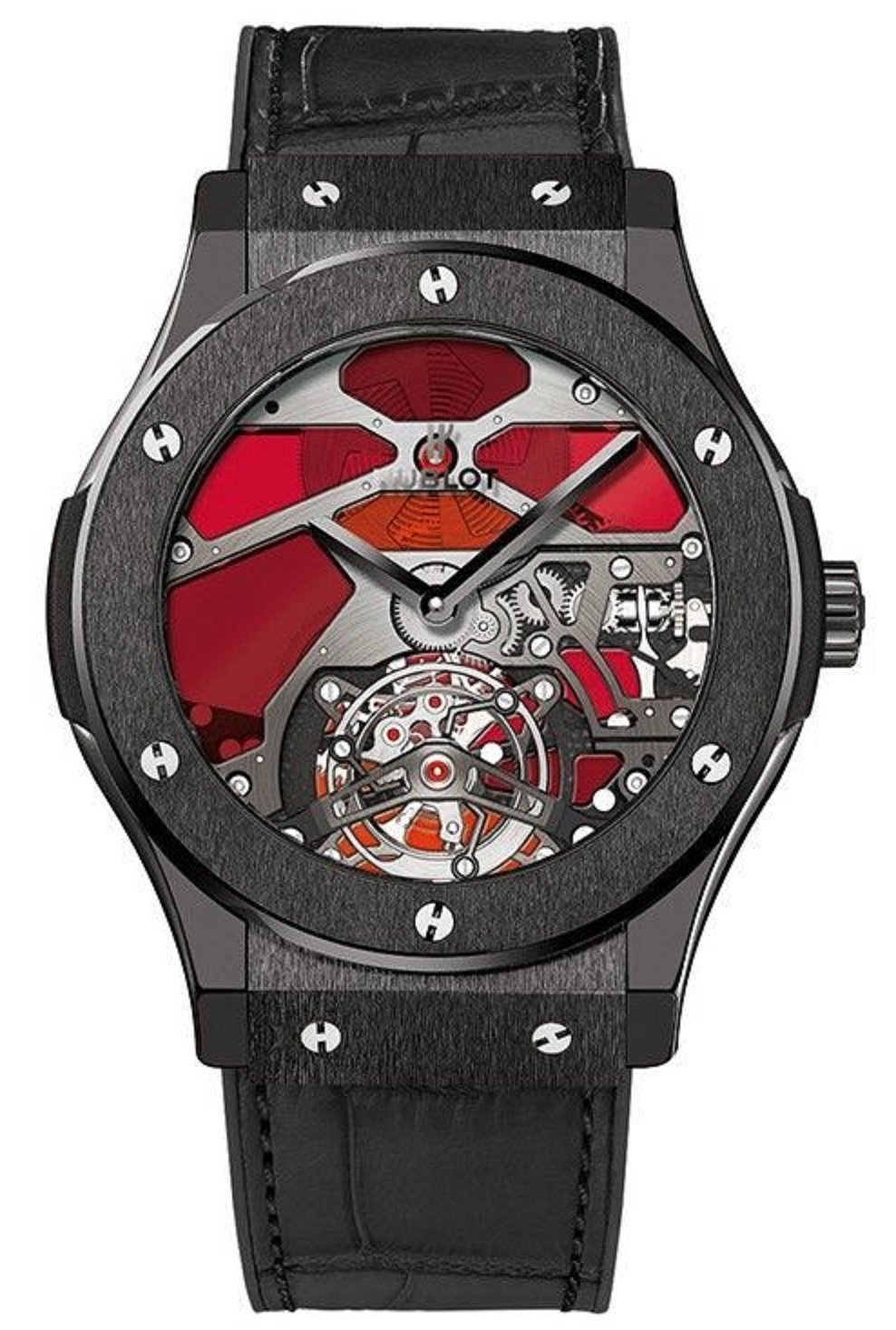 Classic Fusion Tourbillon Red Vitrail 45mm in Black Ceramic On Black Leather Strap with Skeleton Dial