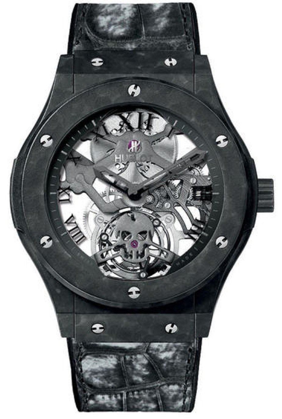 Classic Fusion Tourbillon Black Skull 45mm in Aluminum with Ceramic Bezel On Black Calfskin Strap with Skeleton Dial