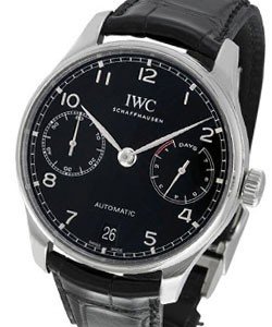 Portuguieser 7 Day Automatic in Steel on Black Alligator Leather with Black Dial