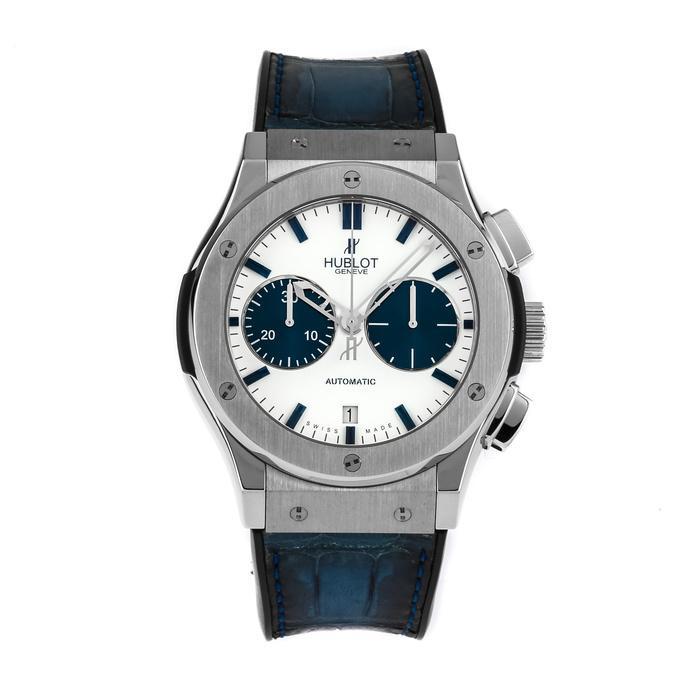 Classic Fusion 45mm Chronograph in Titanium with Bezel on Navy Blue Crocodile Leather Strap with White Dial and Blue Subdial