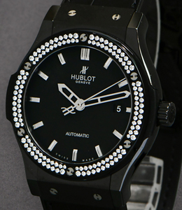 Classic Fusion 42mm Black Magic in Ceramic with Diamond Bezel On Black Leather Strap with Black Dial