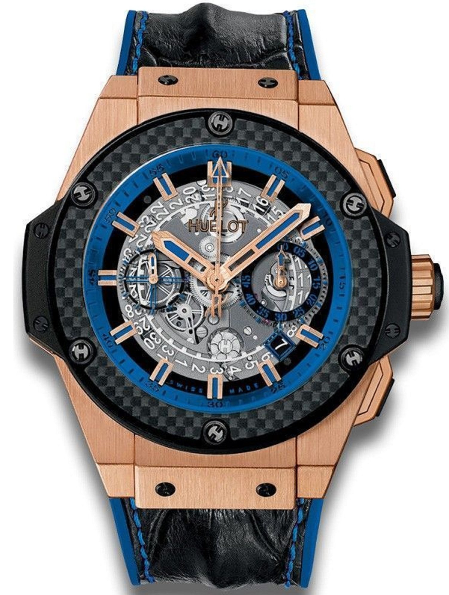 King Power Unico 48mm Automatic in Rose Gold with Carbon Fiber Bezel On Black Crocodile Strap with Skeleton Dial