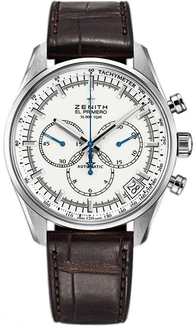 El Primero 36000 VPH mens 42mm in Steel On Brown Alligator Leather Strap with White Dial
