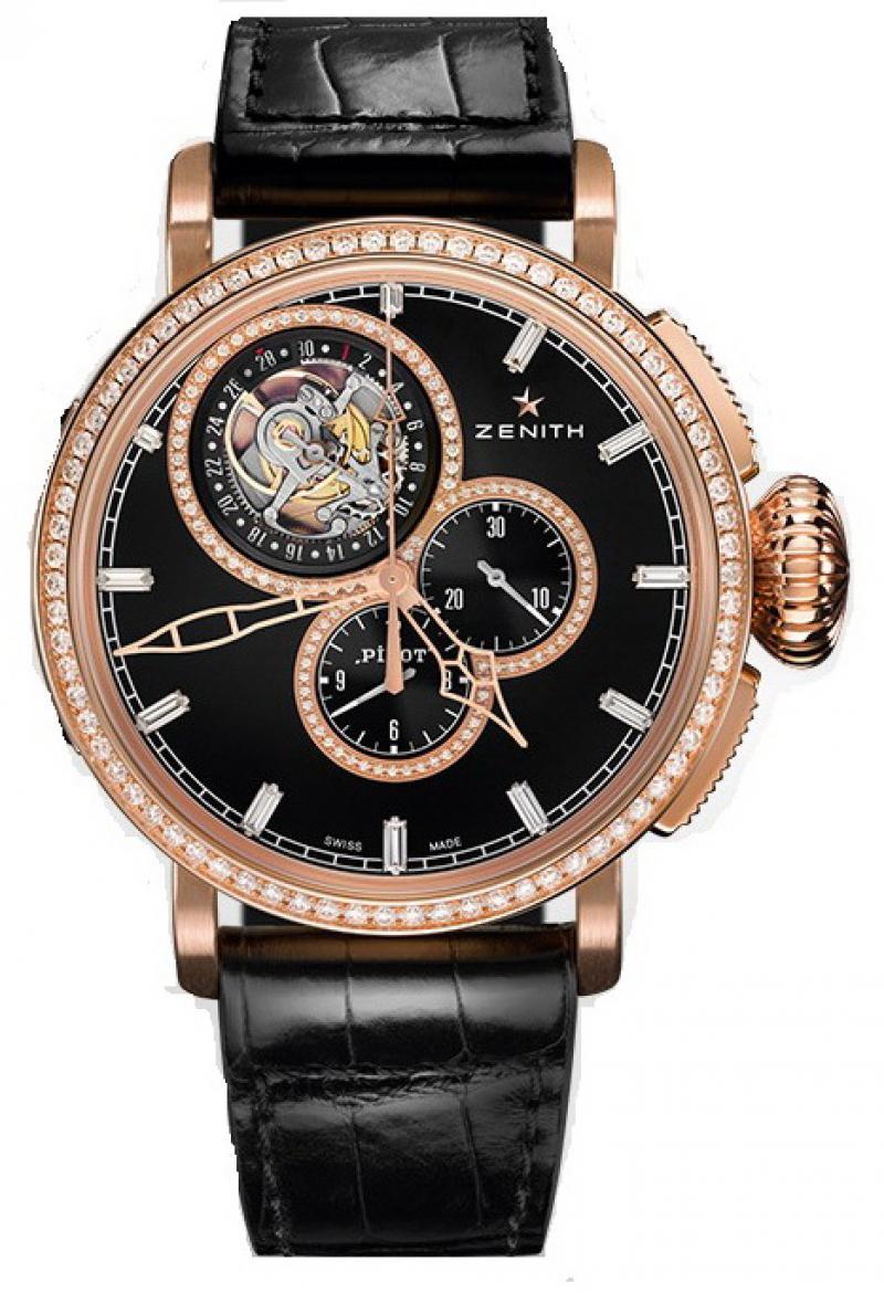 Pilot Type 20 Tourbillon in Rose Gold with Diamond Bezel On Black Alligator Leather Strap with Black Dial