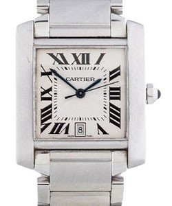 Tank Francaise Large in Steel on Steel Bracelet with White Dial
