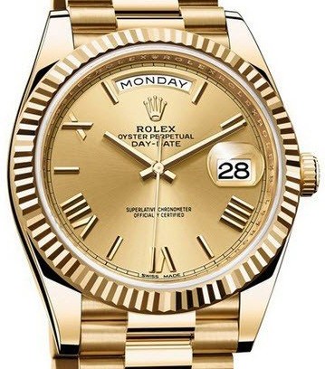 Day Date 40mm in Yellow Gold with Fluted Bezel on President Bracelet with Champagne Roman Dial