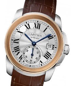 Calibre de Cartier Diver in Steel with Rose Gold Bezel on Brown Alligator Leather Strap with Silver Dial