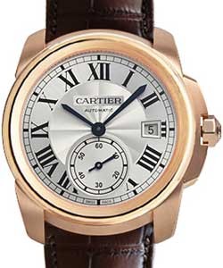 Calibre de Cartier mens 38mm Automatic in Rose Gold On brown Crocodile Strap with Silver Roman Dial